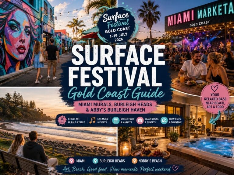 Featured image for a Surface Festival Gold Coast guide, showing Miami street art, mural trails, Burleigh Heads beach and a relaxed event-weekend stay.