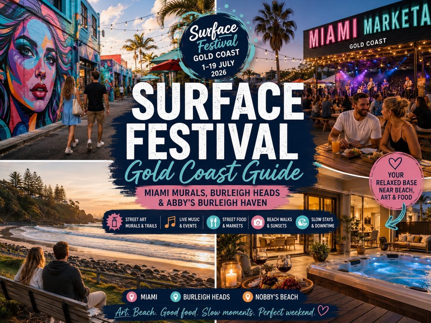Featured image for a Surface Festival Gold Coast guide, showing Miami street art, mural trails, Burleigh Heads beach and a relaxed event-weekend stay.
