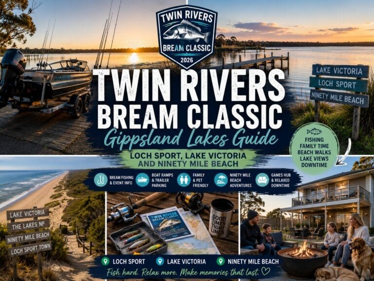 Featured image for a Twin Rivers Bream Classic Gippsland Lakes guide, showing Loch Sport, Lake Victoria, fishing gear, boat-trip planning and a relaxed lake-and-beach stay.