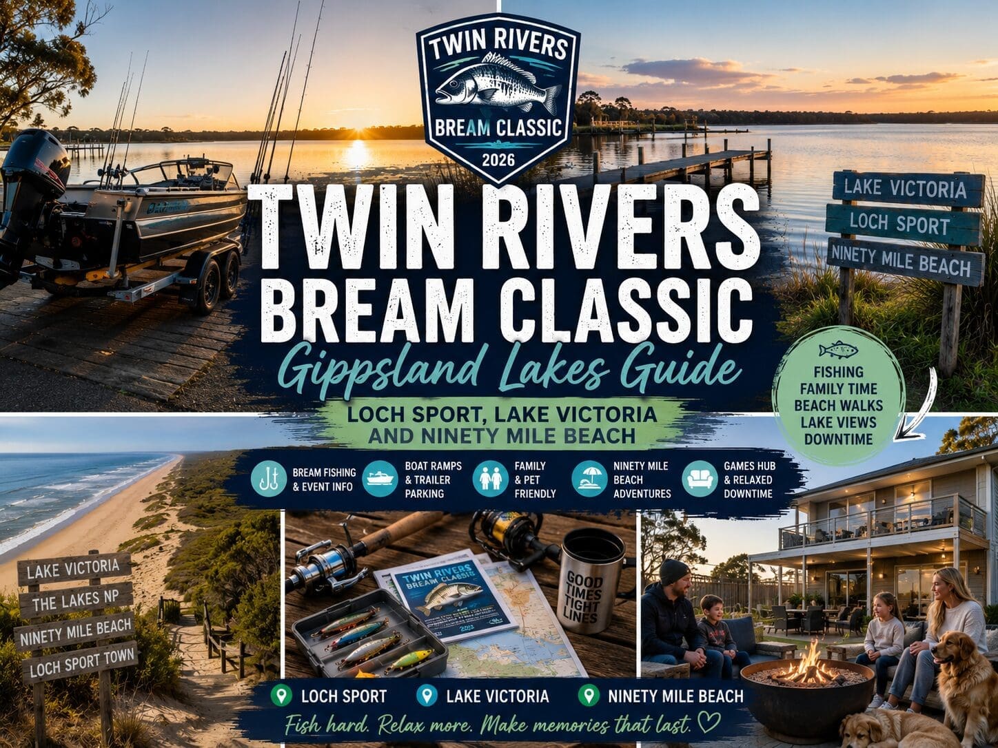 Featured image for a Twin Rivers Bream Classic Gippsland Lakes guide, showing Loch Sport, Lake Victoria, fishing gear, boat-trip planning and a relaxed lake-and-beach stay.