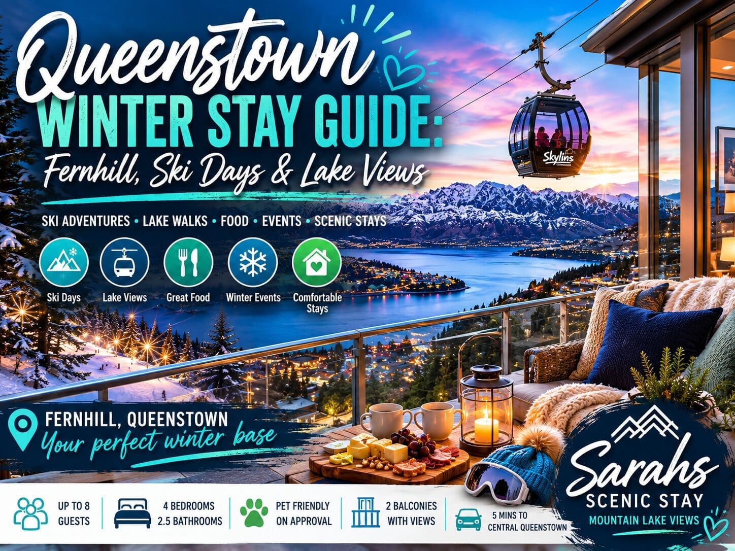 Featured image for a Queenstown winter stay guide showing alpine lake views, ski-trip planning cues and Sarahs Scenic Stay in Fernhill.