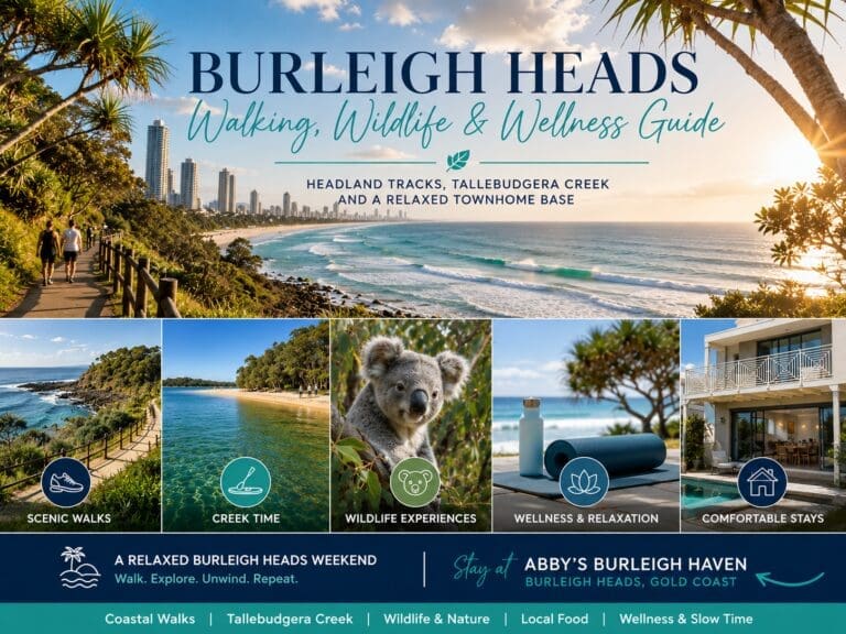 Featured image for a Burleigh Heads walking and wildlife guide showing coastal headland, creek, nature and relaxed holiday-home cues.