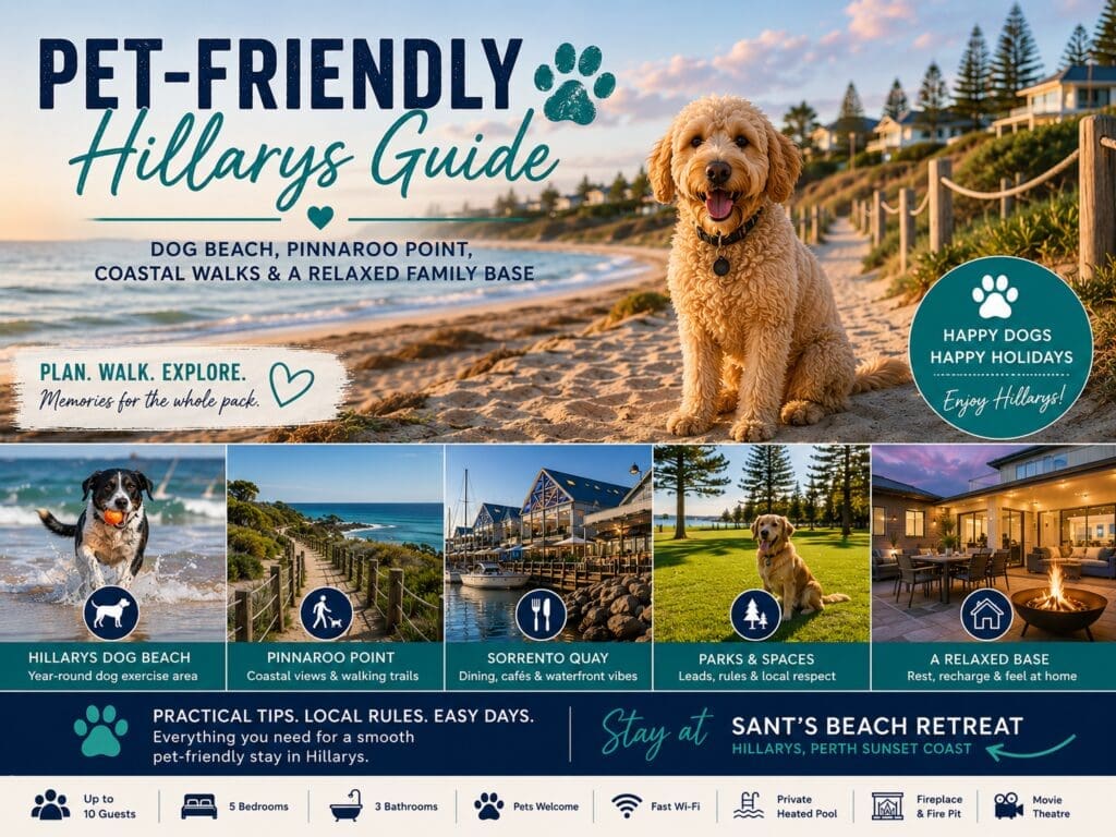 Featured image for a pet-friendly Hillarys guide showing Hillarys Dog Beach, coastal walks, harbour dining and a relaxed family holiday-home base.