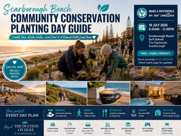 Featured image for a Scarborough Beach community conservation event guide showing coastal dunes, beach planting, winter walks, local food and The Duchess on Duke.