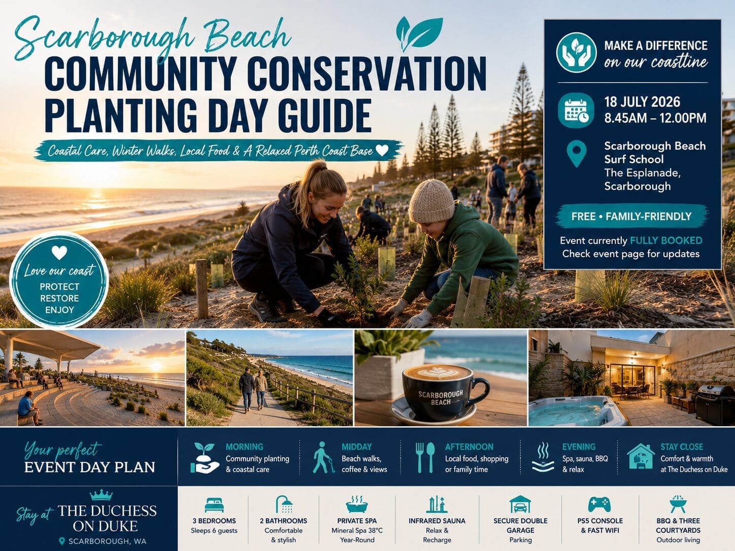 Featured image for a Scarborough Beach community conservation event guide showing coastal dunes, beach planting, winter walks, local food and The Duchess on Duke.