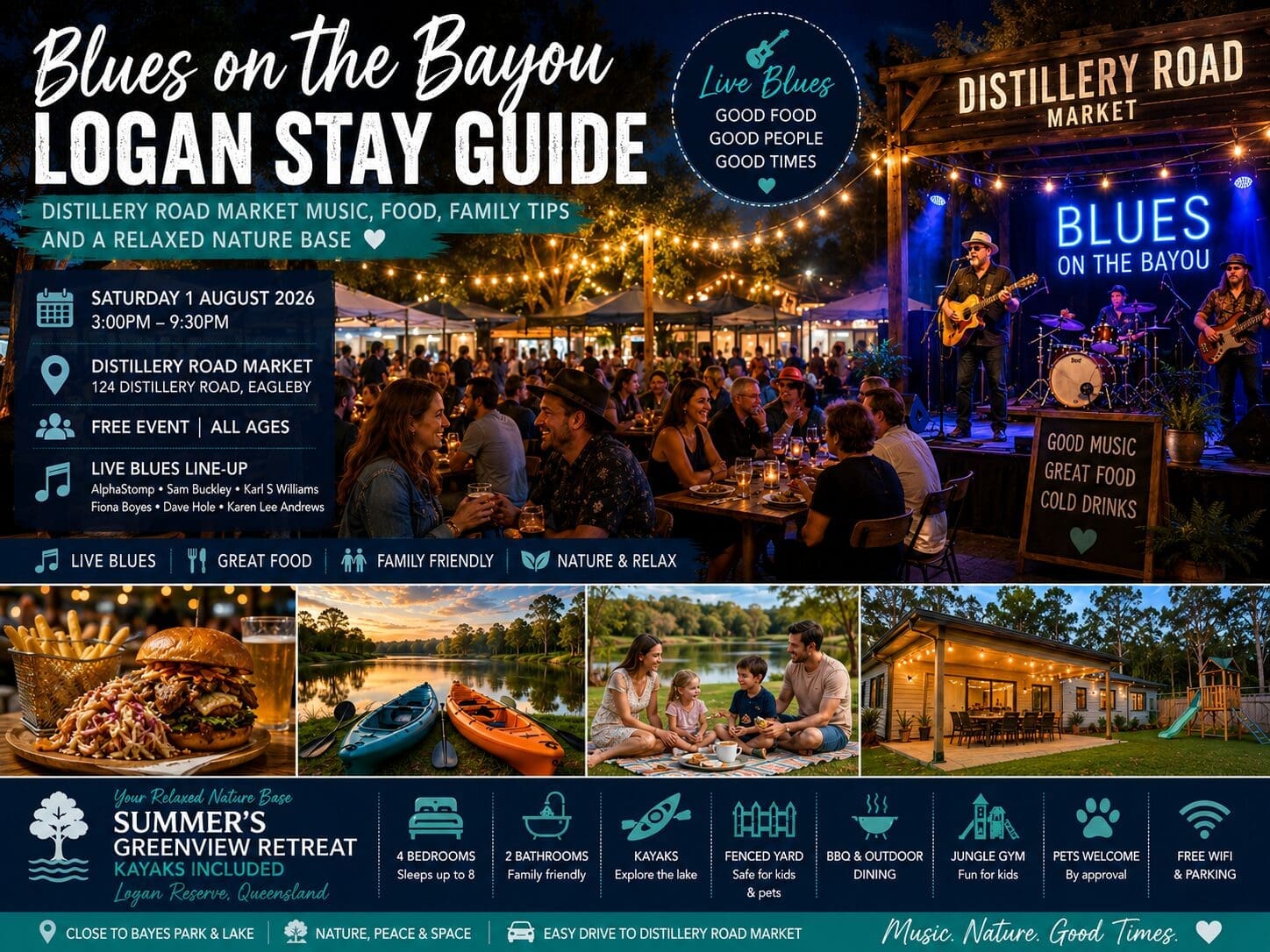 Featured image for a Blues on the Bayou Logan stay guide showing Distillery Road Market live music, food, family-friendly event energy, lake time and Summer’s Greenview Retreat.
