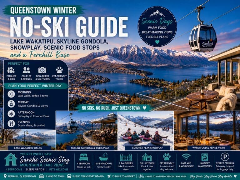 Featured image for a Queenstown winter no-ski guide showing Lake Wakatipu, Skyline Gondola, Coronet Peak snowplay, Fernhill views and Sarahs Scenic Stay.