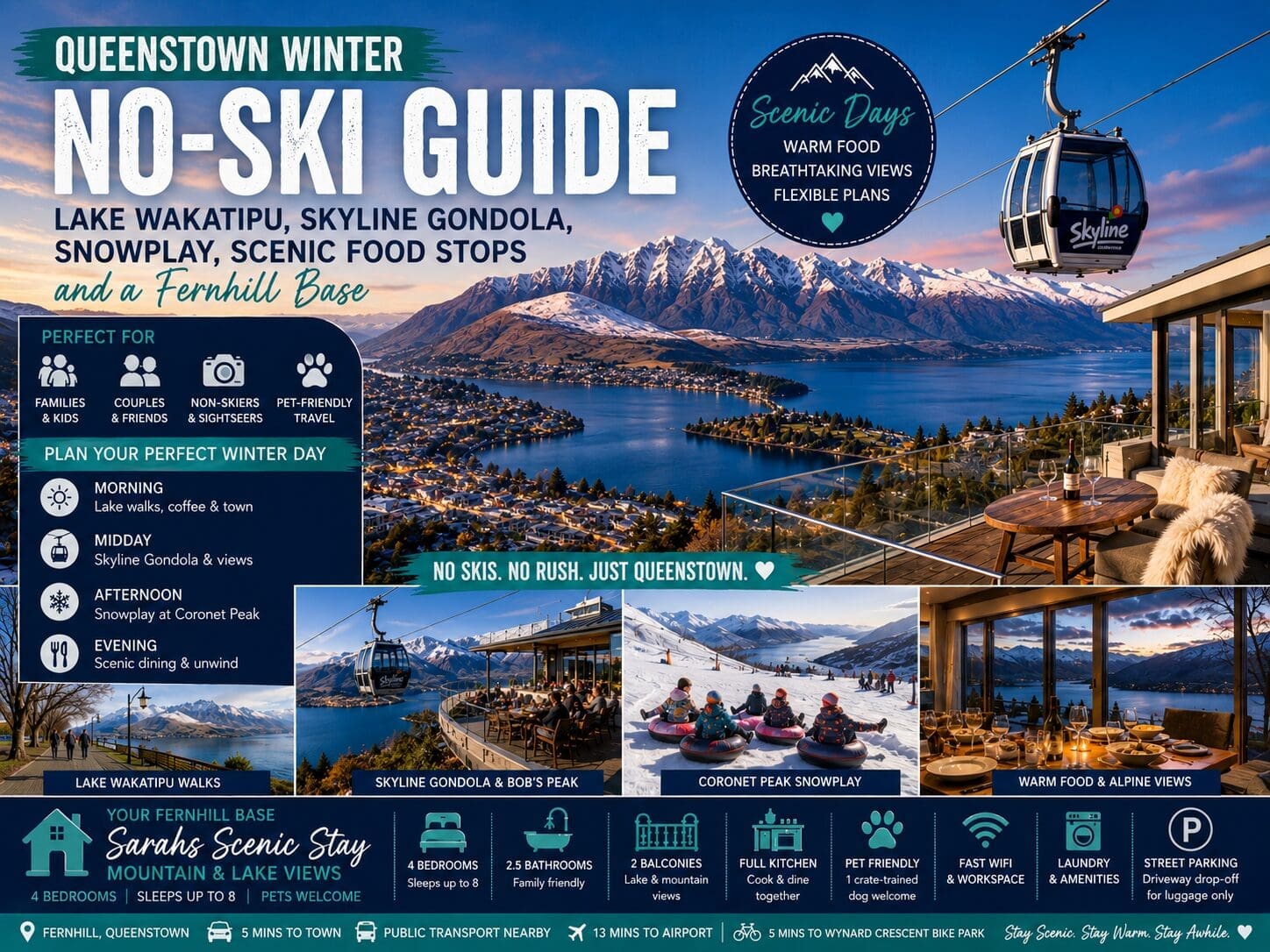 Featured image for a Queenstown winter no-ski guide showing Lake Wakatipu, Skyline Gondola, Coronet Peak snowplay, Fernhill views and Sarahs Scenic Stay.
