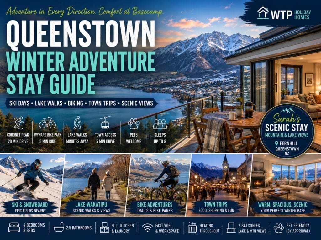 Featured image for a Queenstown winter adventure stay guide showing Lake Wakatipu, mountain views, ski-day planning and a warm Fernhill apartment base.