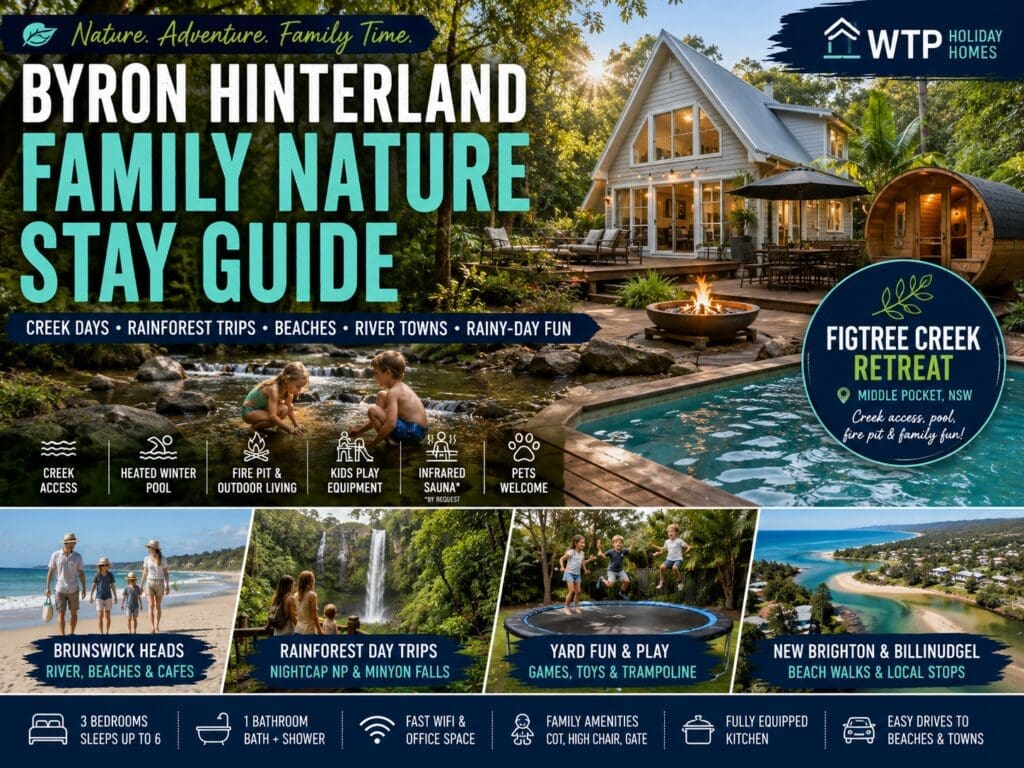 Featured image for a Byron Hinterland family nature stay guide showing a creek retreat, rainforest greenery, family play, nearby beaches and a cosy Middle Pocket cottage base.