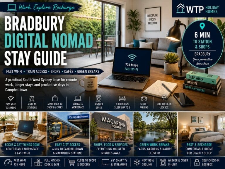 Featured image for a Bradbury digital nomad stay guide showing a laptop workspace, fast Wi-Fi, Campbelltown train access, shops and a private modern stay.