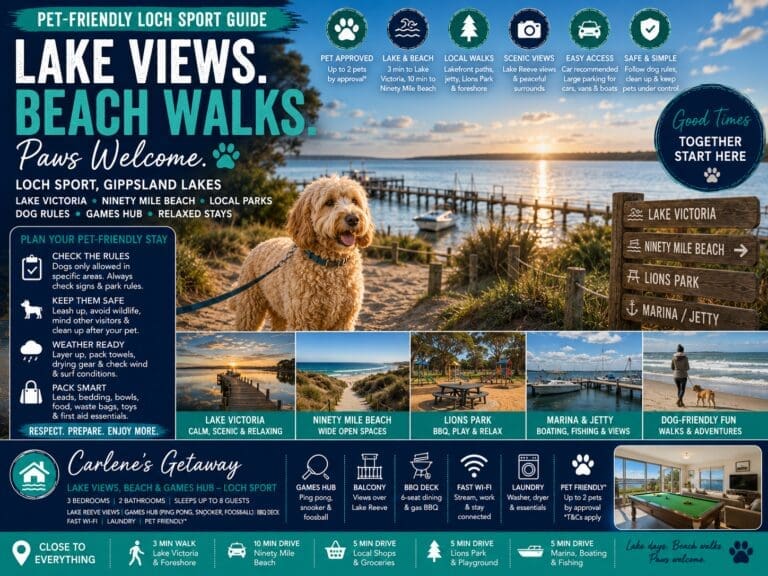 Featured image for a pet-friendly Loch Sport guide showing Lake Victoria, Ninety Mile Beach, a leashed dog, local beach walks and Carlene’s Getaway.