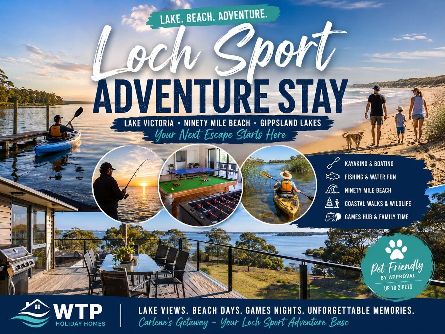 Featured image for a Loch Sport adventure stay guide showing Lake Victoria, Ninety Mile Beach, kayaking, fishing, boating, pet-friendly travel and a lake-view holiday base.