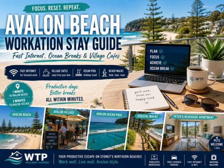 Featured image for an Avalon Beach workation guide showing a laptop workspace, balcony coffee, ocean pool, village cafes and beachside Northern Beaches breaks.