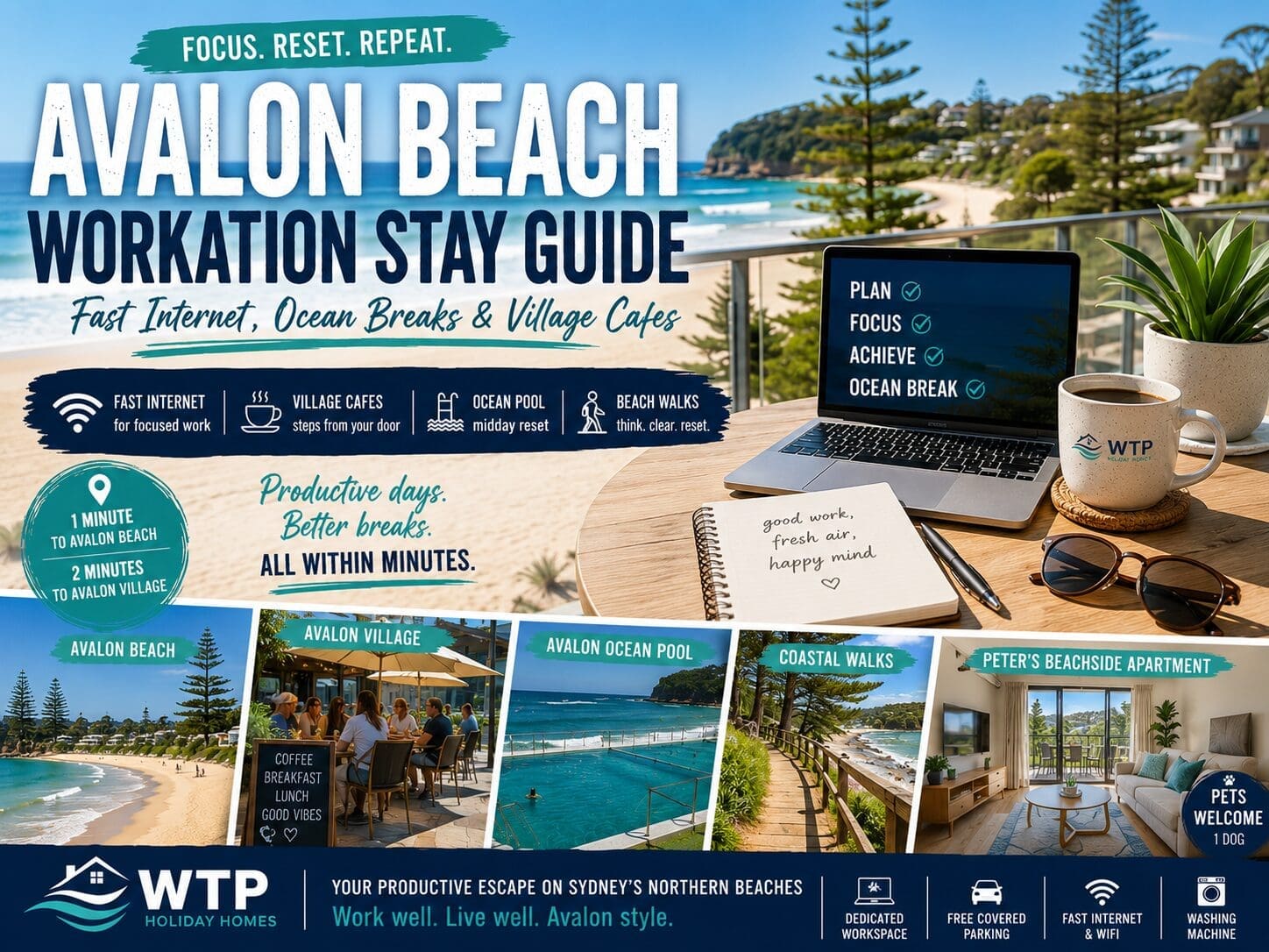 Featured image for an Avalon Beach workation guide showing a laptop workspace, balcony coffee, ocean pool, village cafes and beachside Northern Beaches breaks.