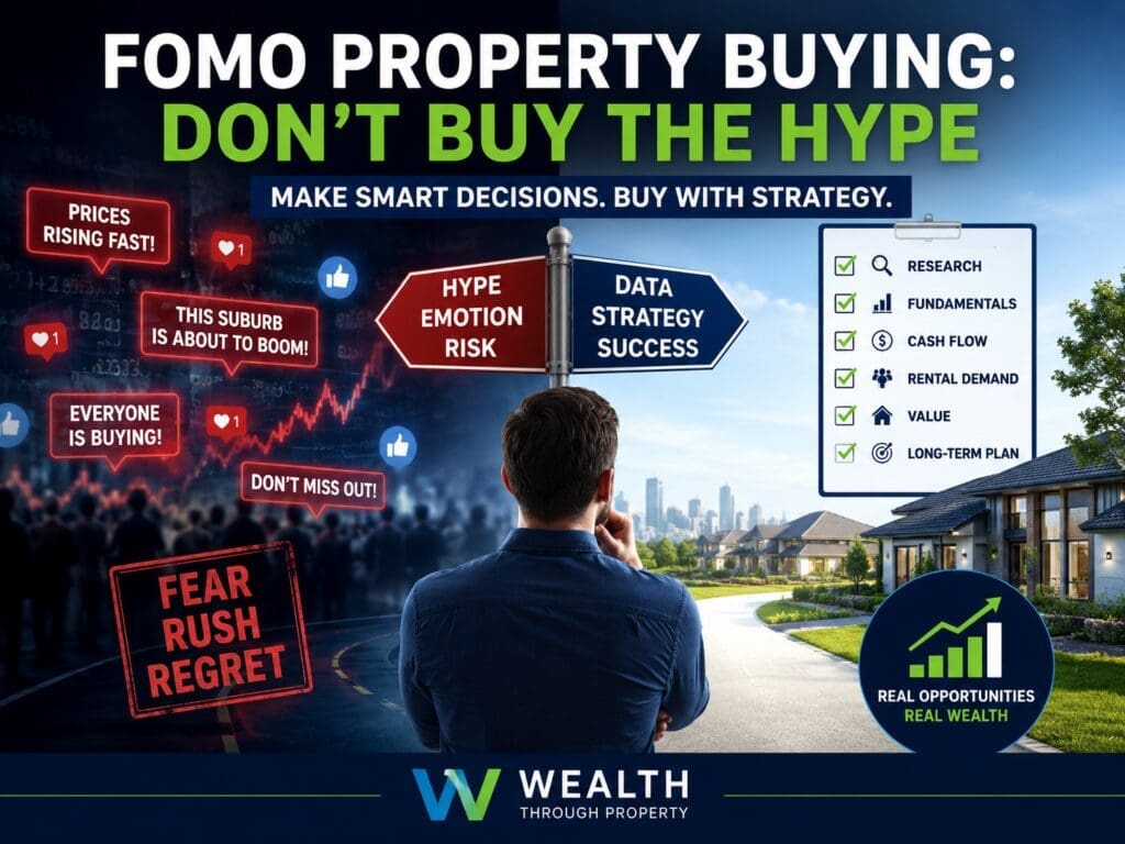 Featured image for a blog about FOMO property buying, showing the risk of market hype and the importance of using data, research and strategy before buying property.