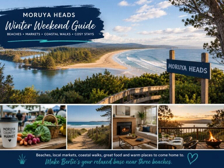 Featured image for a Moruya Heads winter weekend guide, showing Shelly Beach, South Coast coastal scenery, market-day cues and a warm holiday-home stay near Bertie’s.