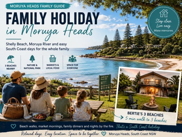 Family holiday guide for Moruya Heads near Shelly Beach, showing a South Coast beach, coastal greenery and a relaxed family-friendly holiday feel.