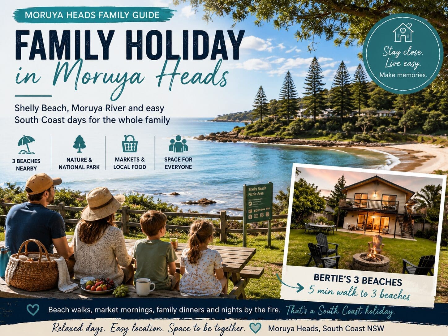 Family holiday guide for Moruya Heads near Shelly Beach, showing a South Coast beach, coastal greenery and a relaxed family-friendly holiday feel.